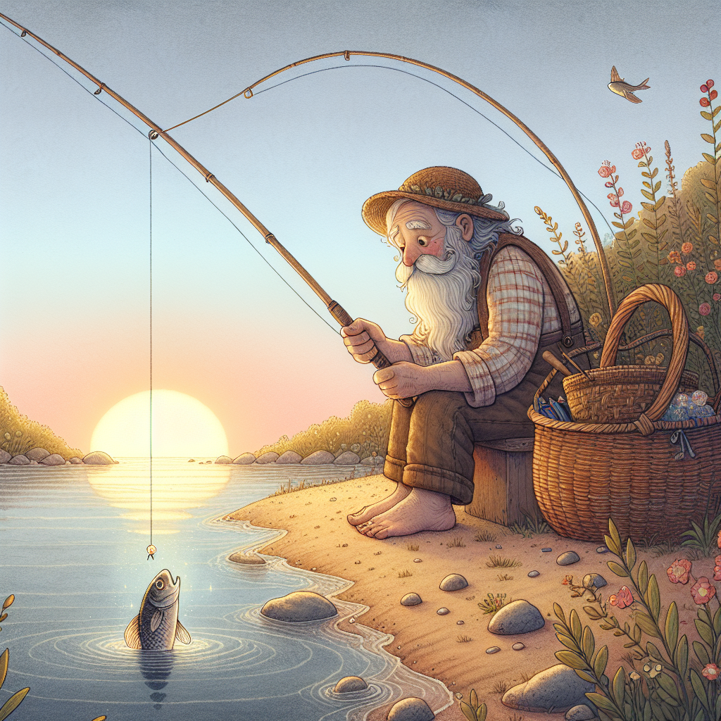 Colorful children's illustration for the story: The Fisherman and the Little Fish