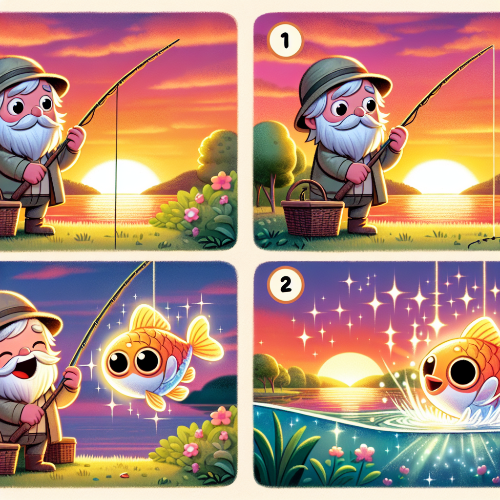 Colorful cartoon storyboard showing 8 key scenes from The Fisherman and the Little Fish