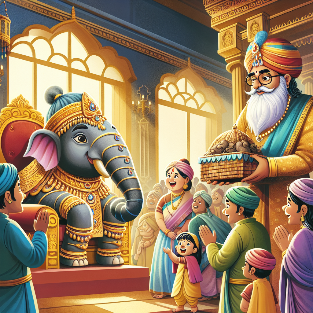 Colorful children's illustration for the story: Tenali Raman and the King's Challenge