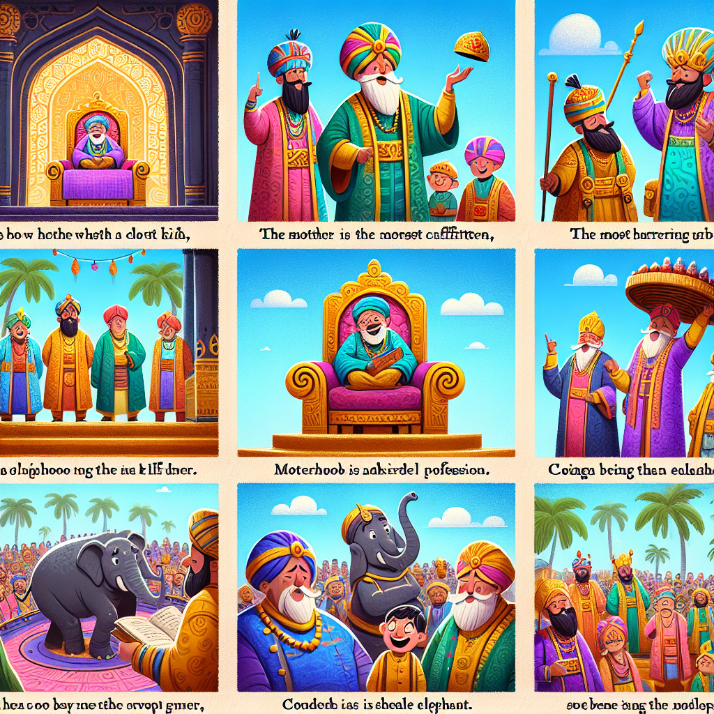 Colorful cartoon storyboard showing 8 key scenes from Tenali Raman and the King's Challenge