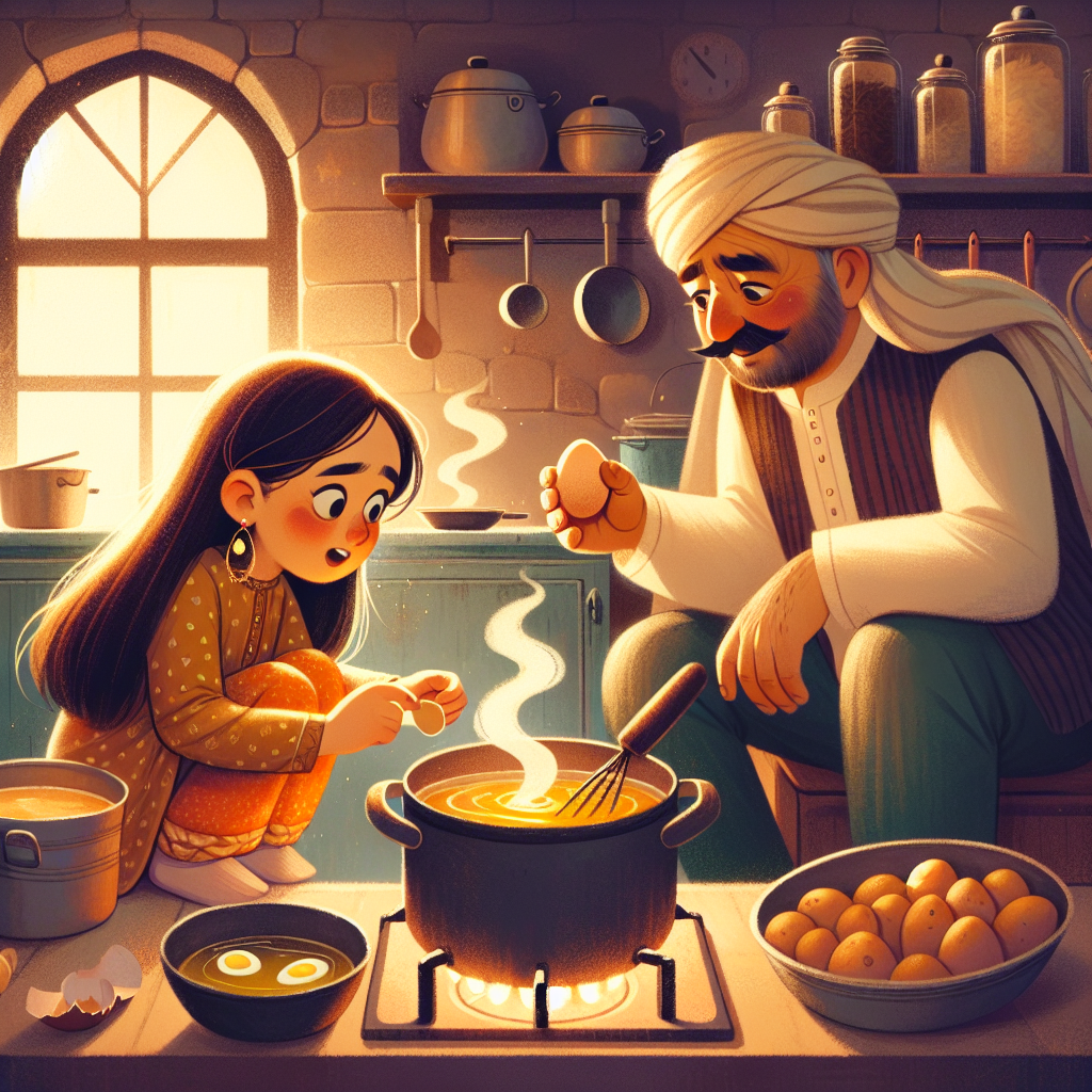 Colorful children's illustration for the story: A Potato, an Egg, and Tea Leaves