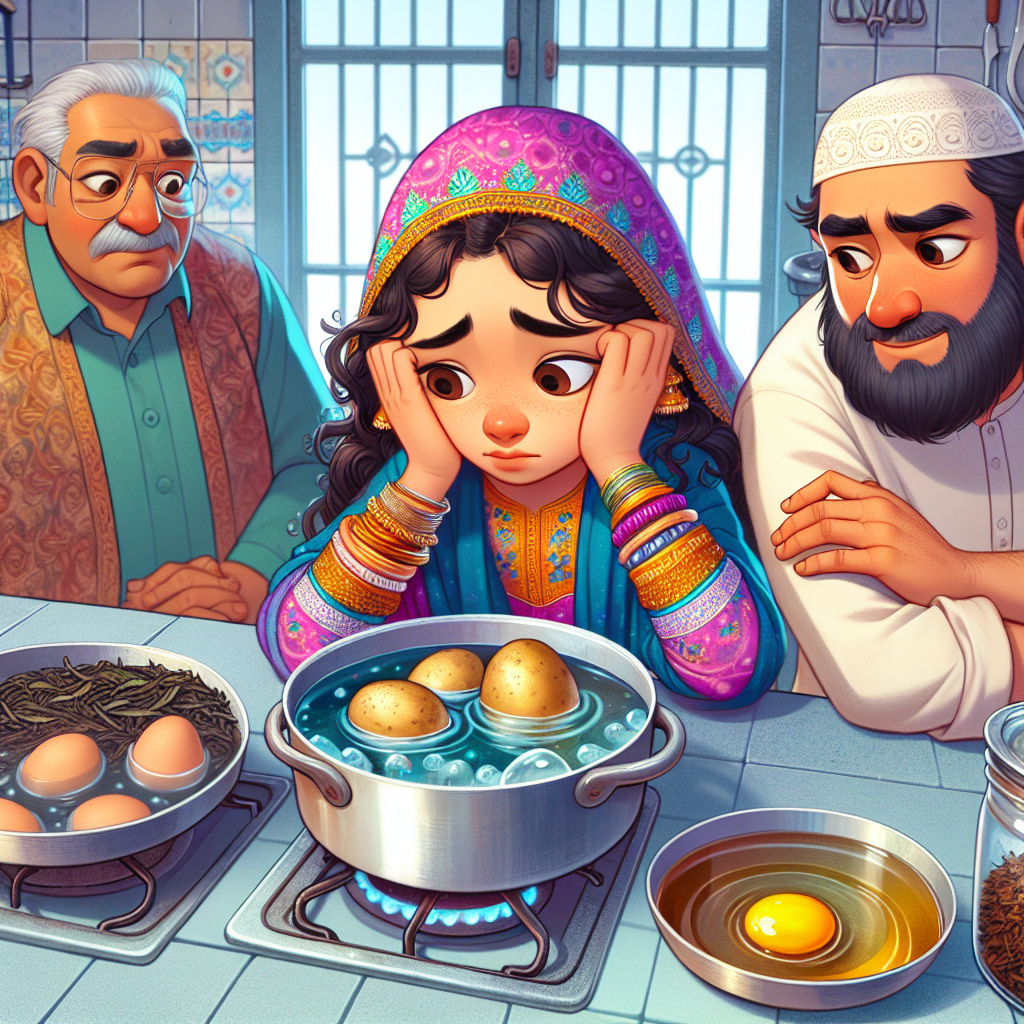Colorful cartoon storyboard showing 8 key scenes from A Potato, an Egg, and Tea Leaves