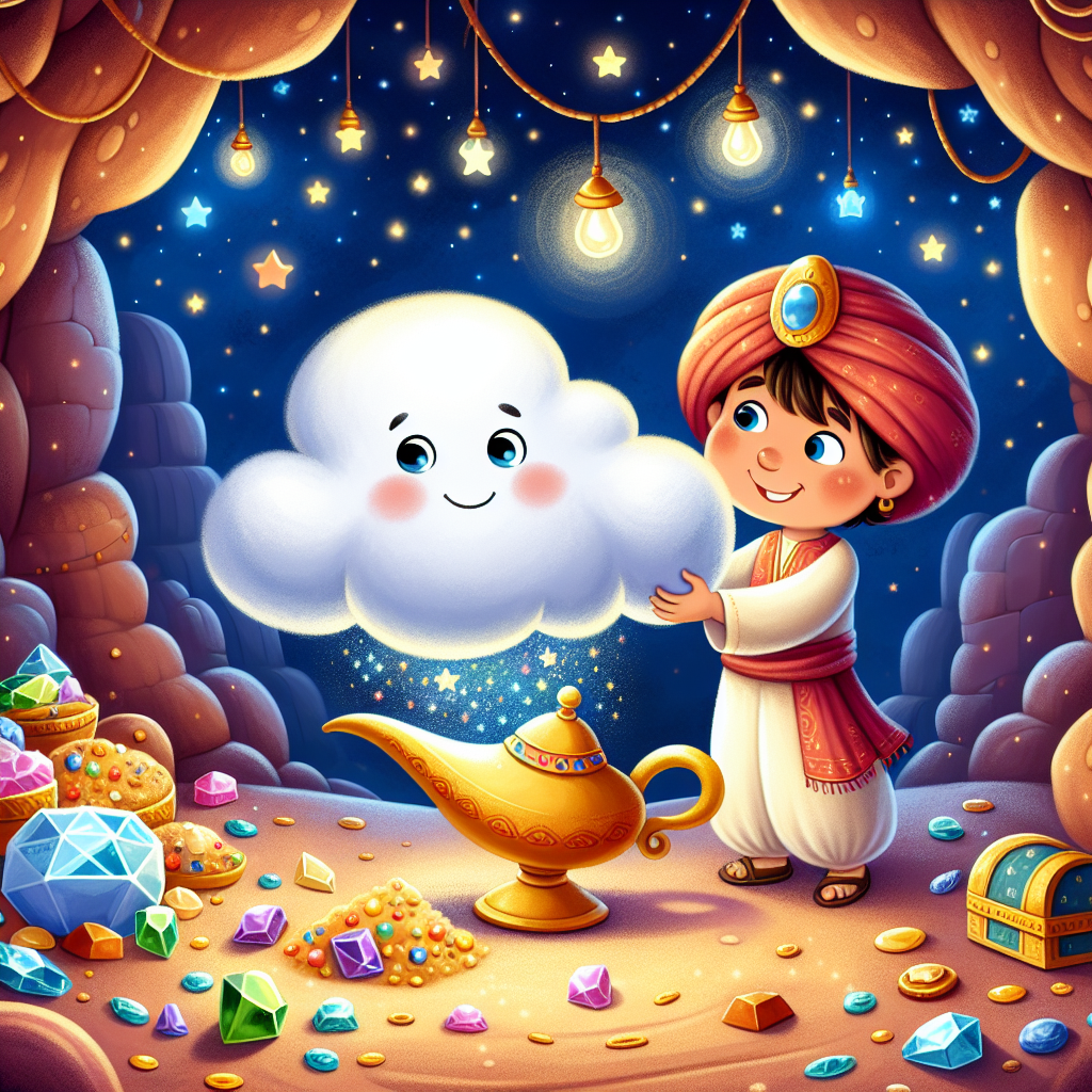 Colorful children's illustration for the story: Aladdin and the Magic Lamp