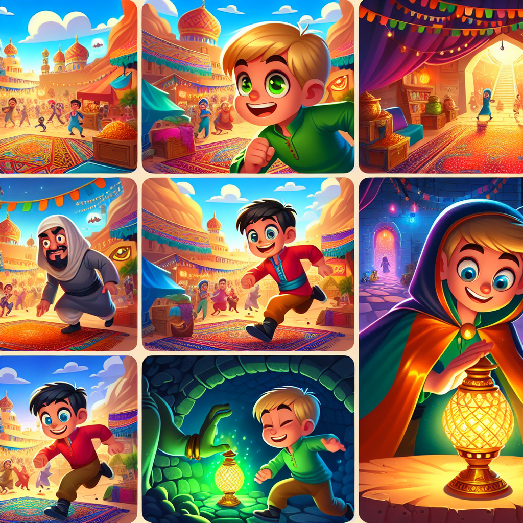 Colorful cartoon storyboard showing 8 key scenes from Aladdin and the Magic Lamp