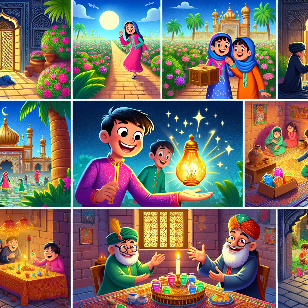 Colorful cartoon storyboard showing 8 key scenes from Aladdin and the Wonderful Lamp