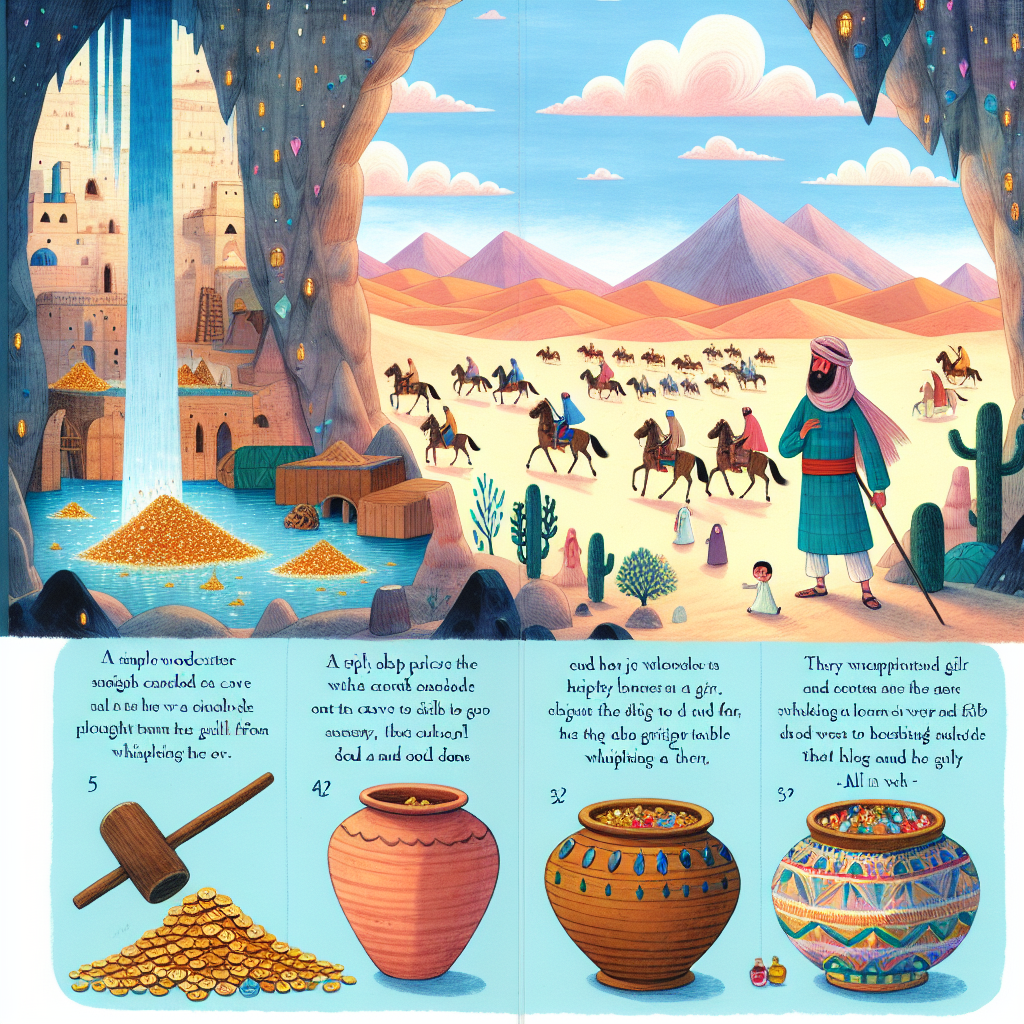 Colorful children's illustration for the story: Ali Baba and the Forty Thieves