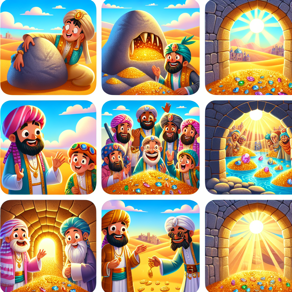 Colorful cartoon storyboard showing 8 key scenes from Ali Baba and the Forty Thieves