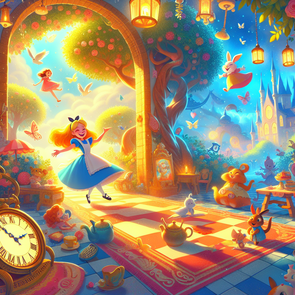 Colorful children's illustration for the story: Alice's Adventures in Wonderland