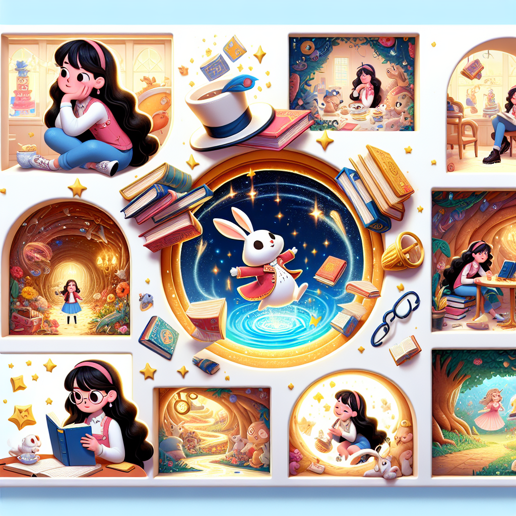 Colorful cartoon storyboard showing 8 key scenes from Alice's Adventures in Wonderland