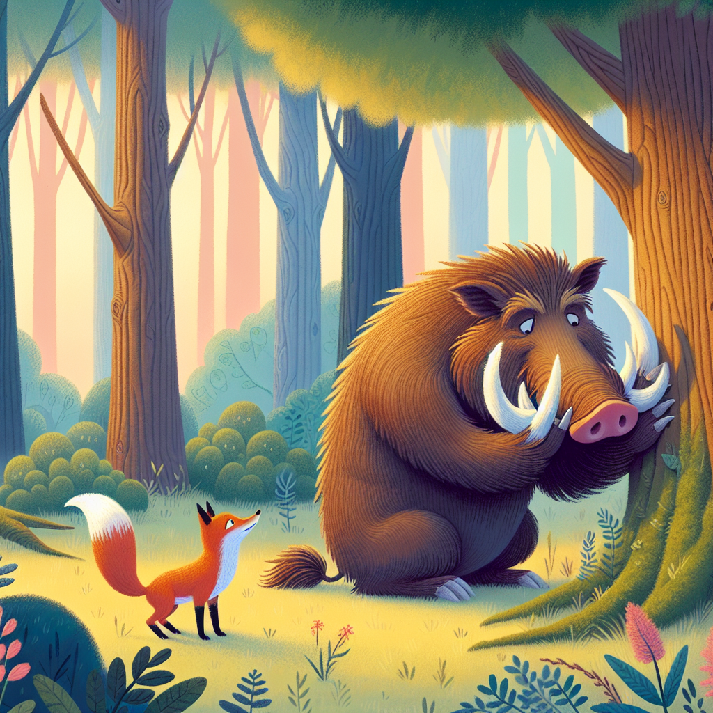 Colorful children's illustration for the story: The Fox and the Boar