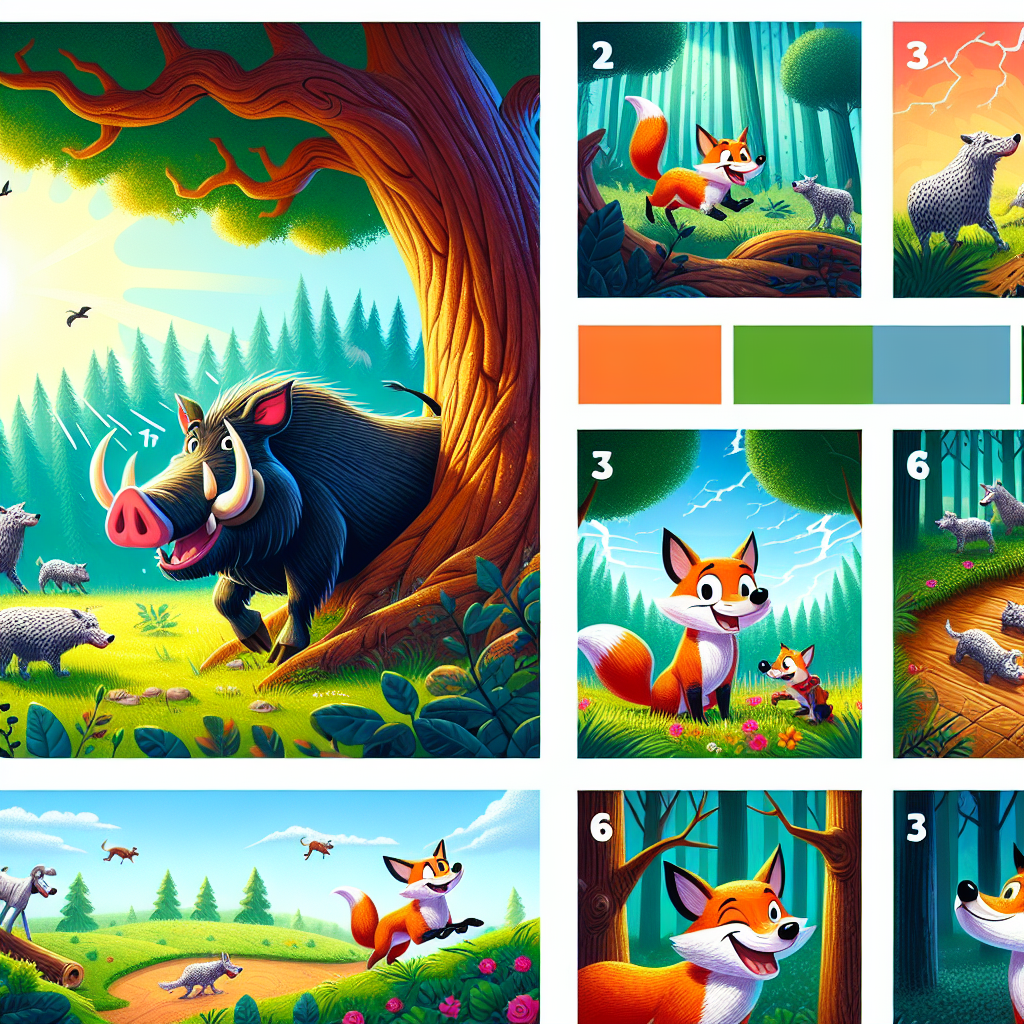 Colorful cartoon storyboard showing 8 key scenes from The Fox and the Boar