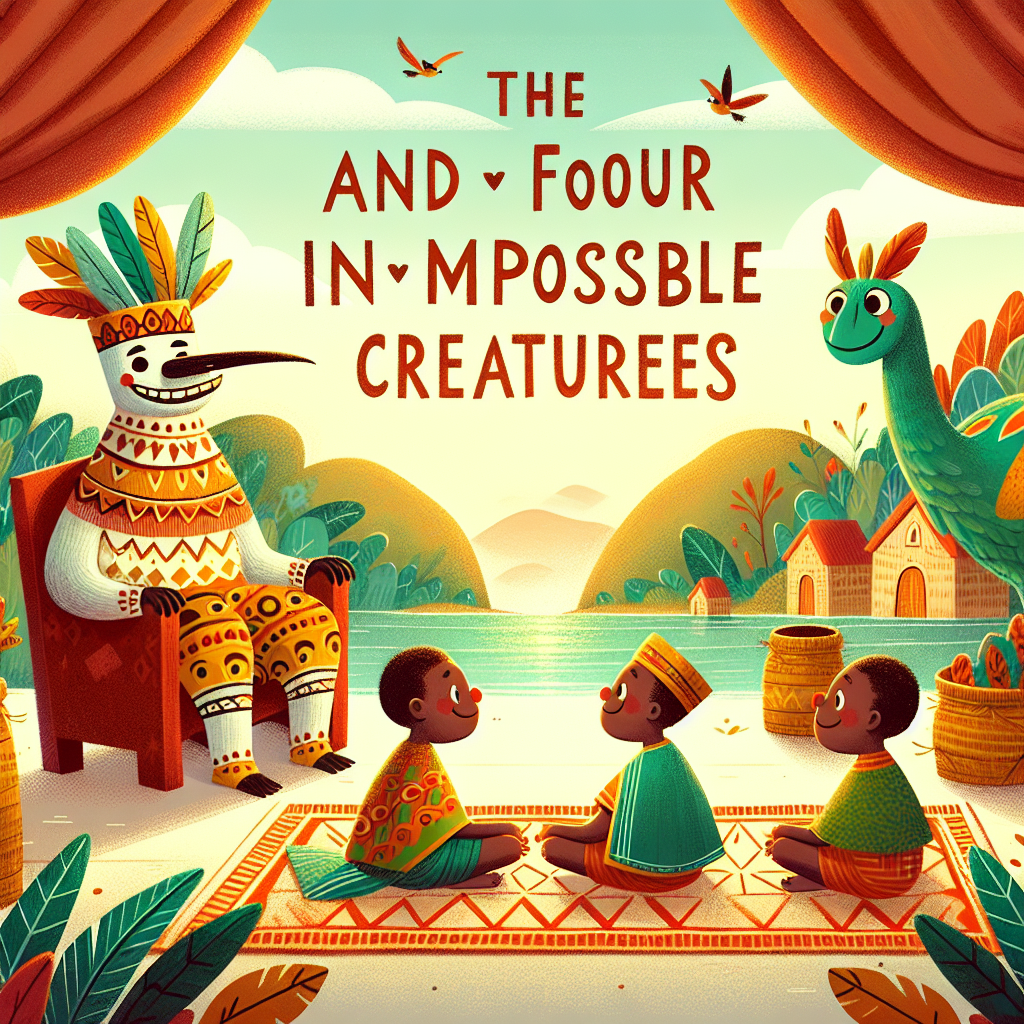 Colorful children's illustration for the story: Anansi and the Four Creatures