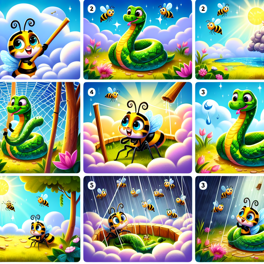 Colorful cartoon storyboard showing 8 key scenes from Anansi and the Four Creatures