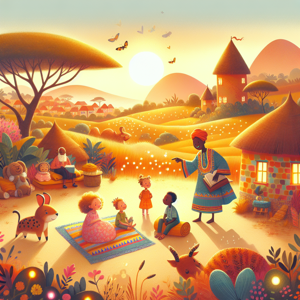 Colorful children's illustration for the story: Anansi and the Sky God