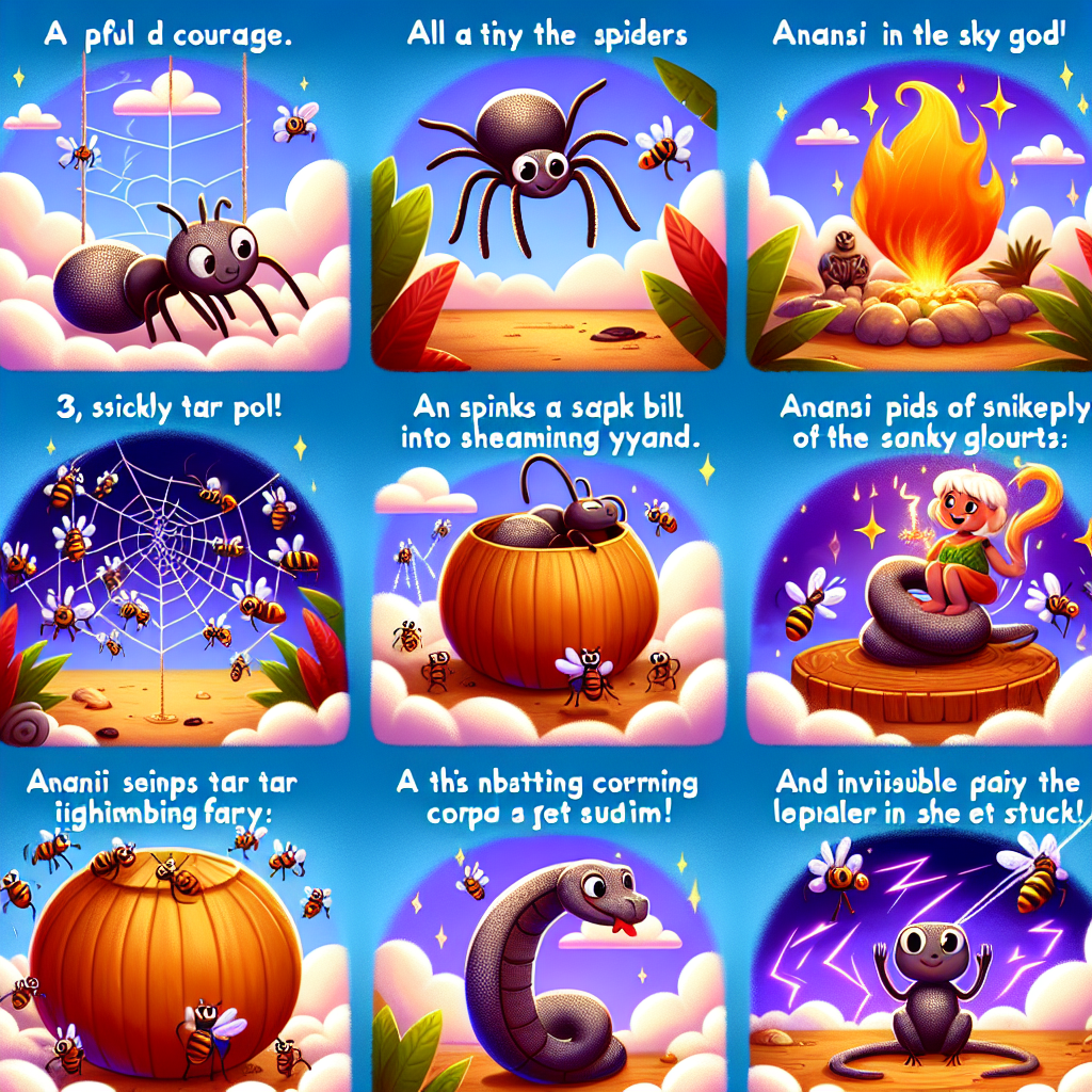 Colorful cartoon storyboard showing 8 key scenes from Anansi and the Sky God