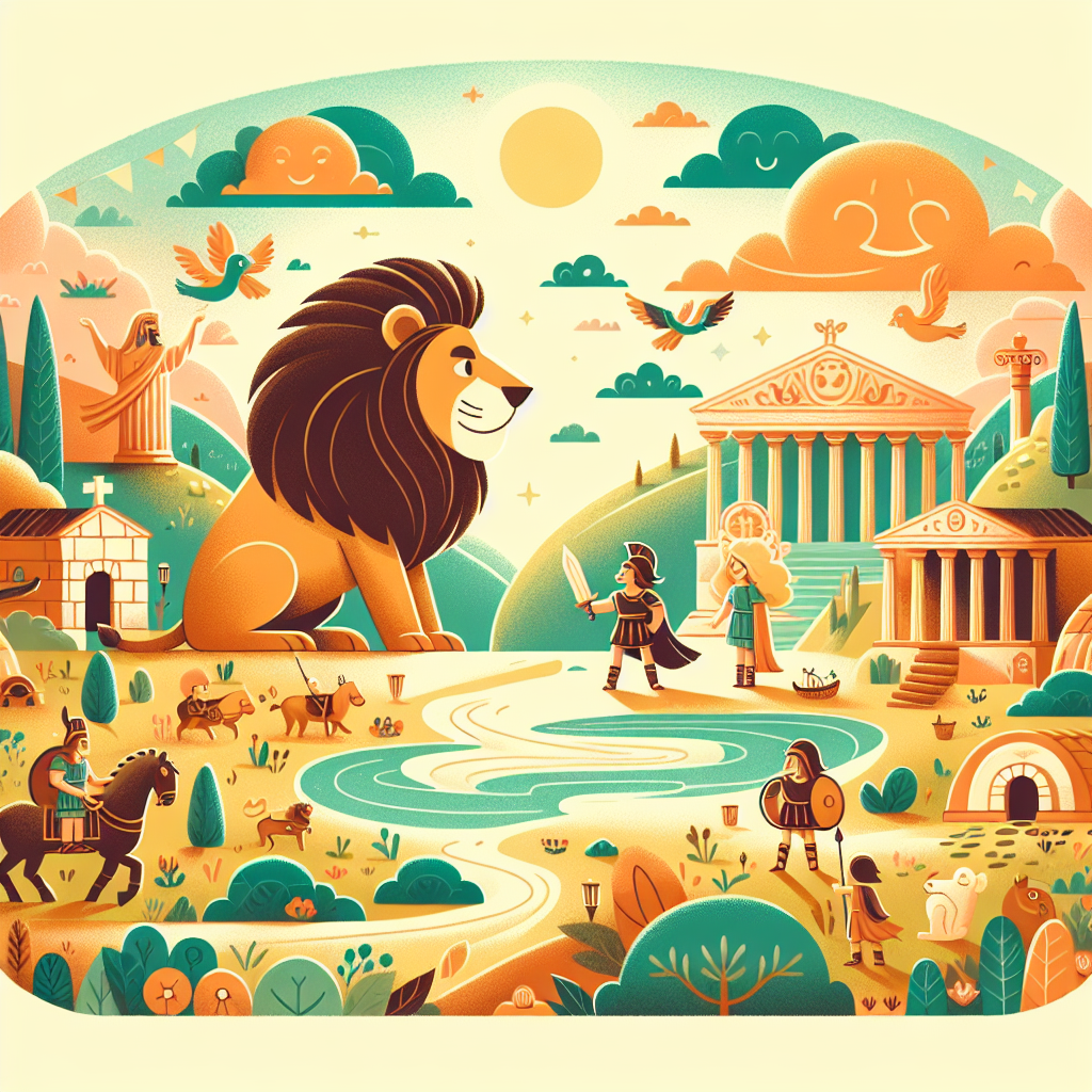 Colorful children's illustration for the story: Androcles and the Lion
