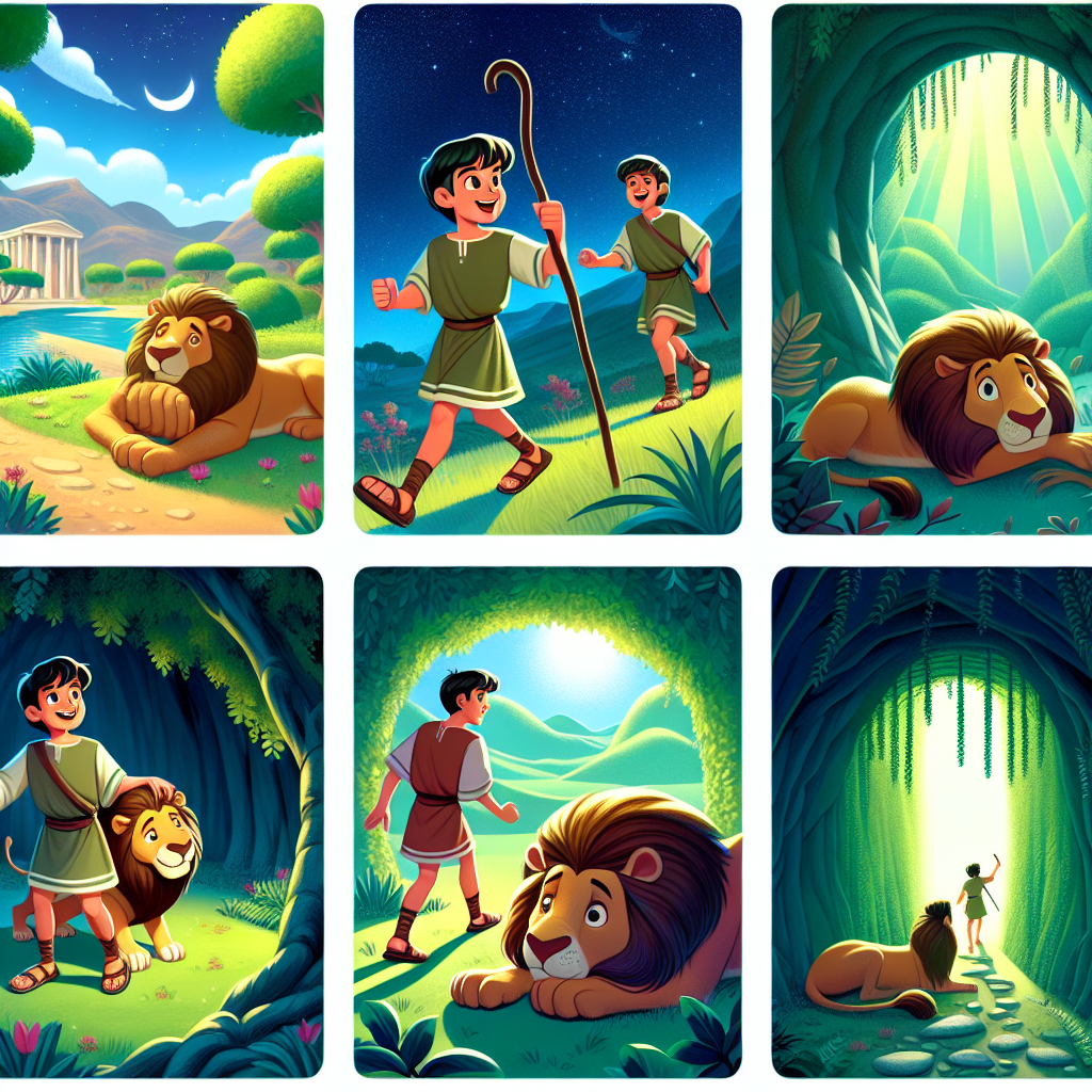 Colorful cartoon storyboard showing 8 key scenes from Androcles and the Lion