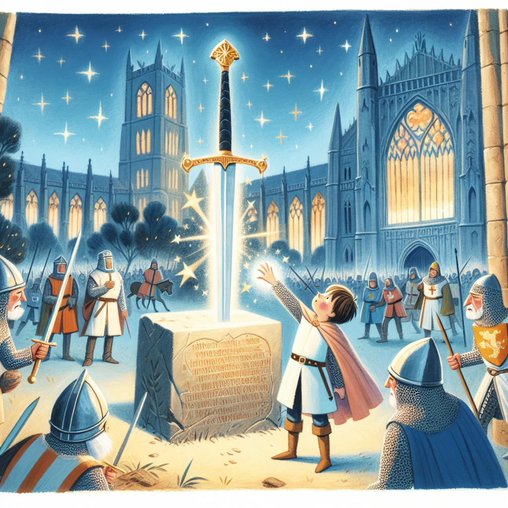 Colorful children's illustration for the story: The Sword in the Stone