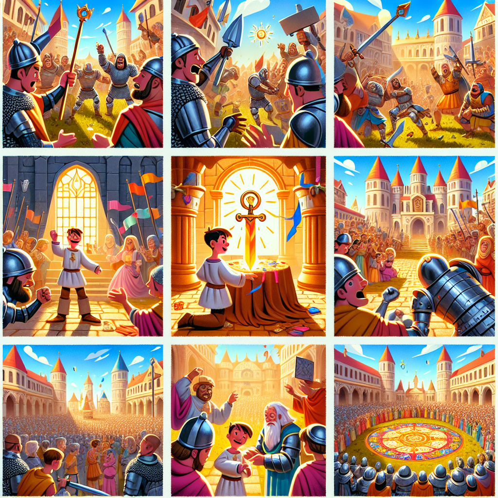 Colorful cartoon storyboard showing 8 key scenes from The Sword in the Stone
