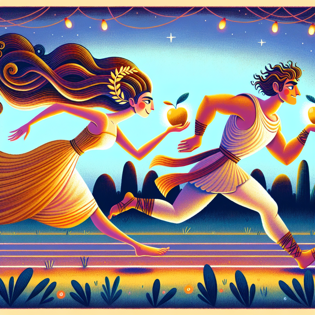 Colorful children's illustration for the story: Atalanta and the Golden Apples