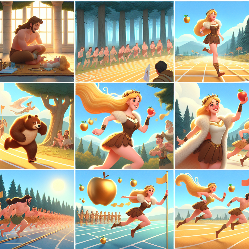 Colorful cartoon storyboard showing 8 key scenes from Atalanta and the Golden Apples