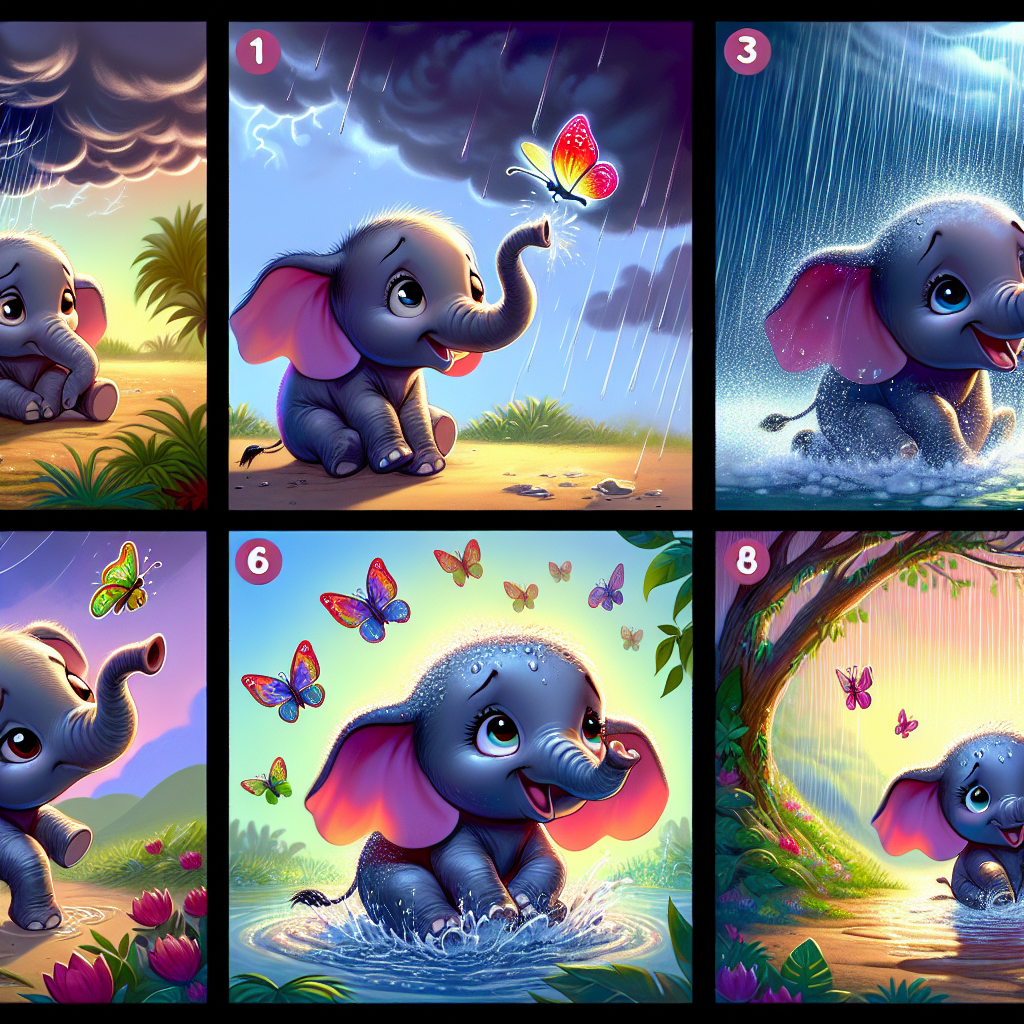 Colorful cartoon storyboard showing 8 key scenes from Ella and the Wonderful Rain