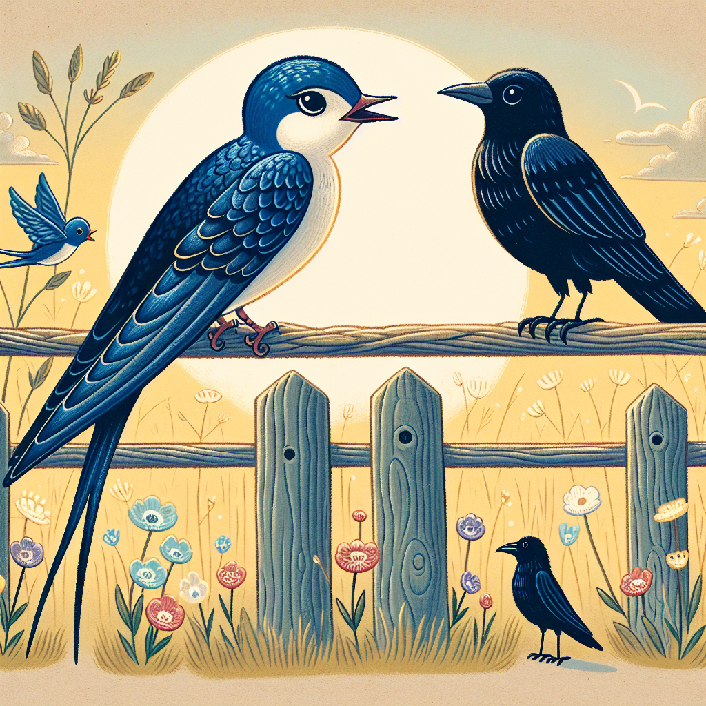 Colorful children's illustration for the story: The Crow and the Swallow