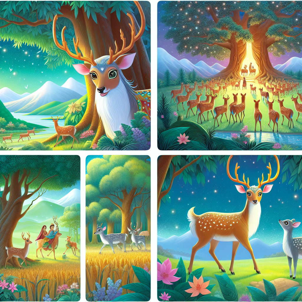 Colorful cartoon storyboard showing 8 key scenes from The Wise Deer