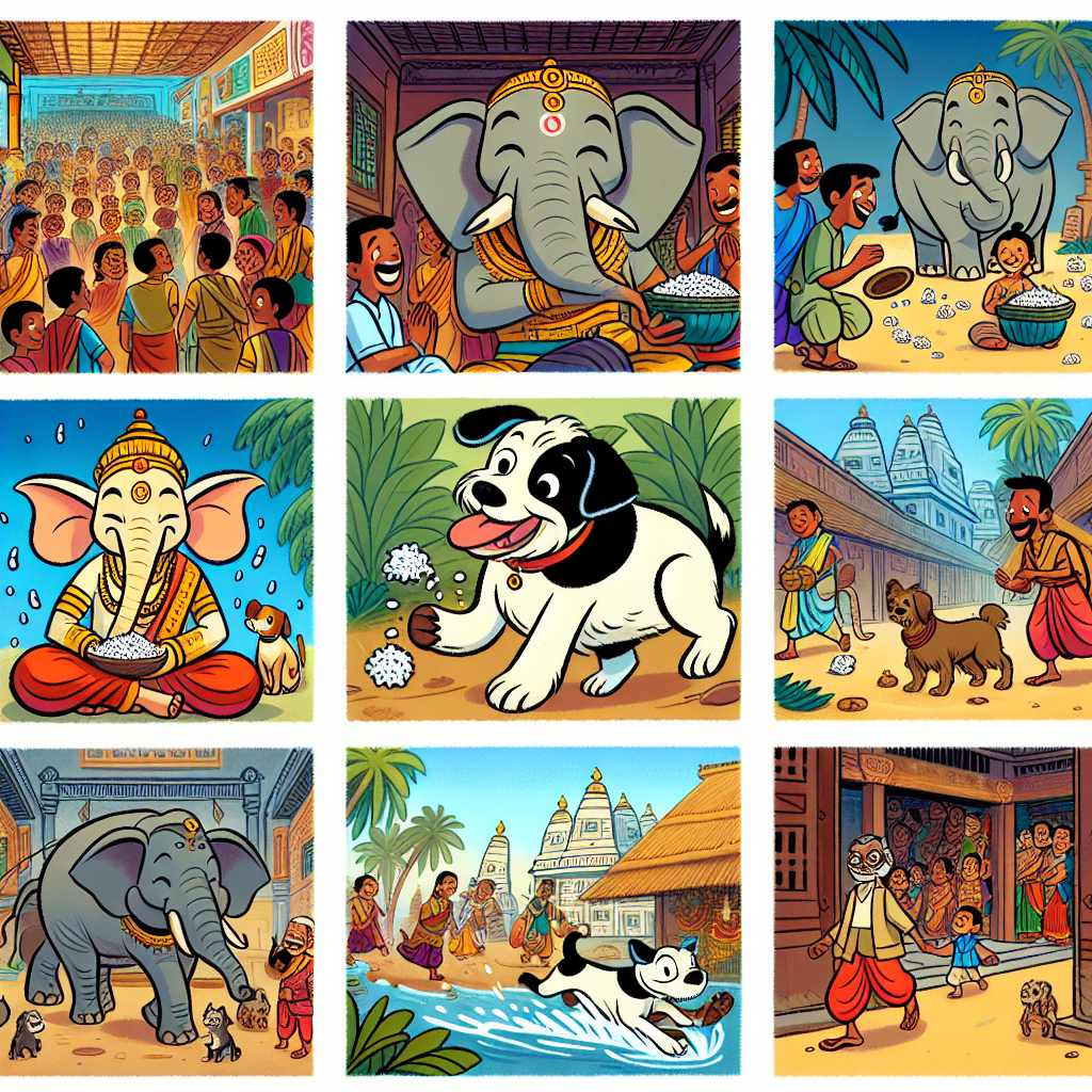 Colorful cartoon storyboard showing 8 key scenes from The Elephant and the Dog