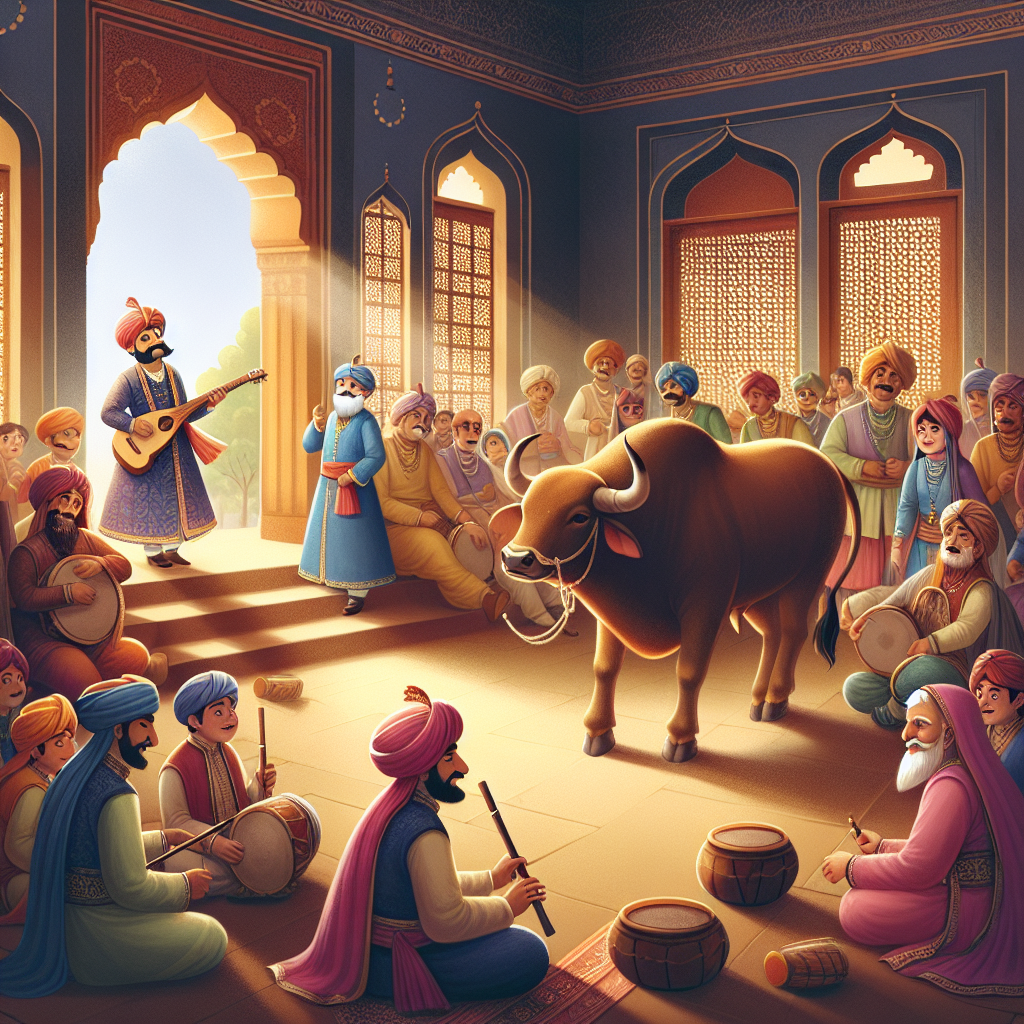 Colorful children's illustration for the story: Birbal and the Bull