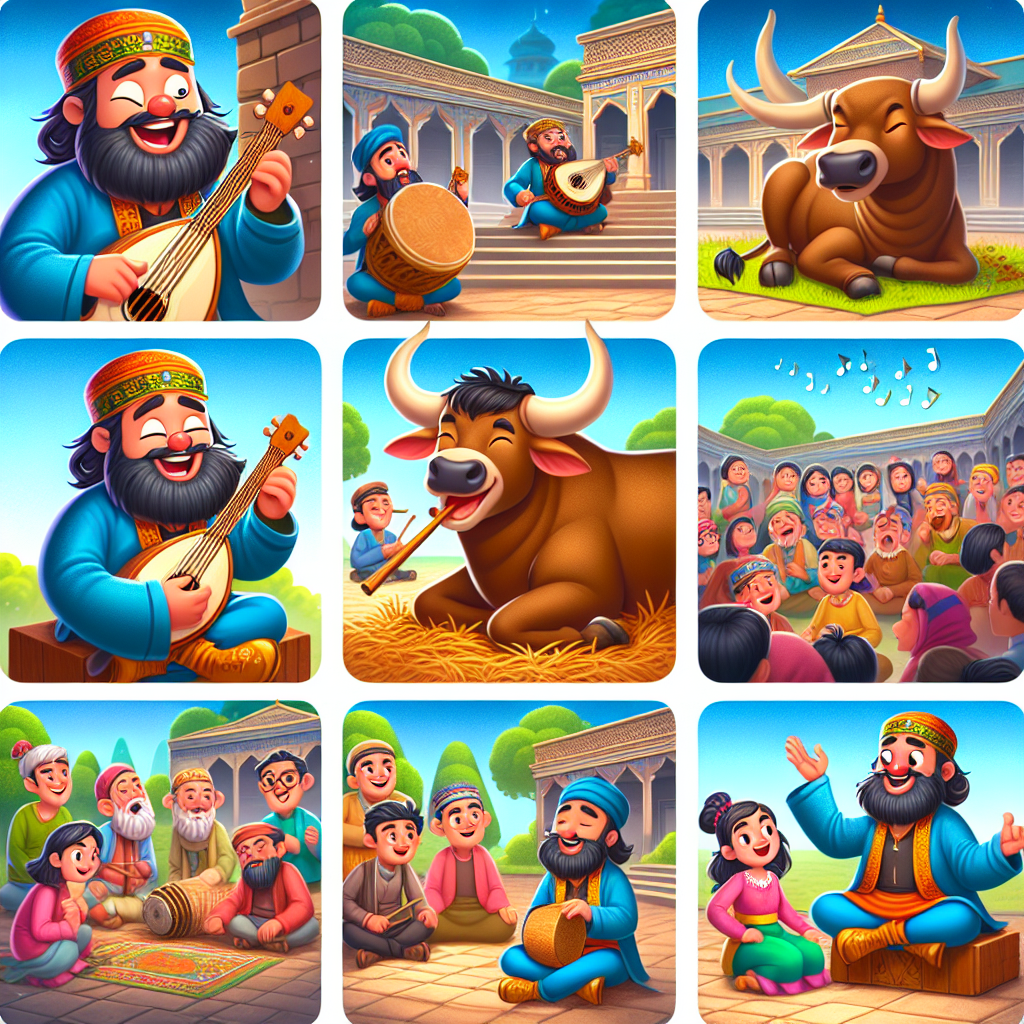 Colorful cartoon storyboard showing 8 key scenes from Birbal and the Bull