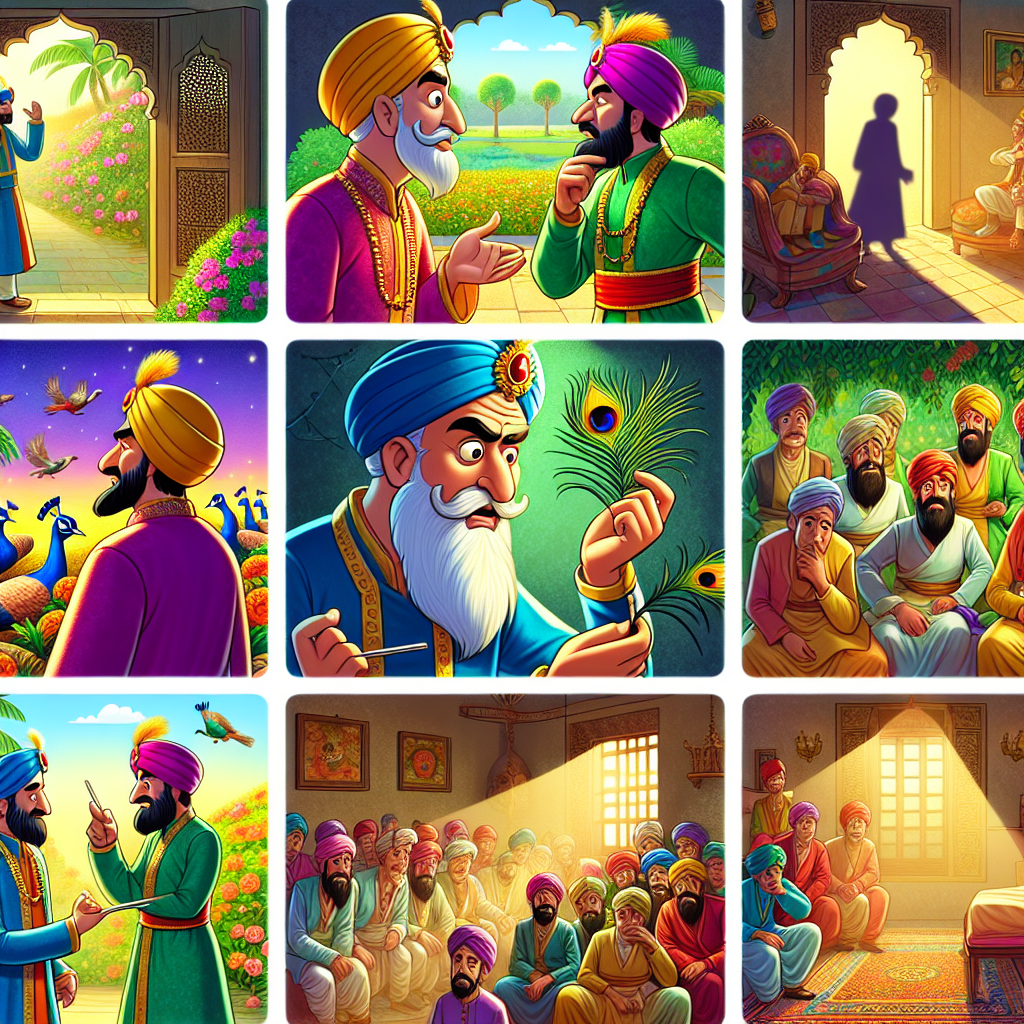 Colorful cartoon storyboard showing 8 key scenes from Birbal and the Stolen Pearls