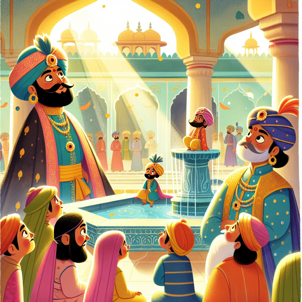 Colorful children's illustration for the story: Birbal's Wisdom on the Moon