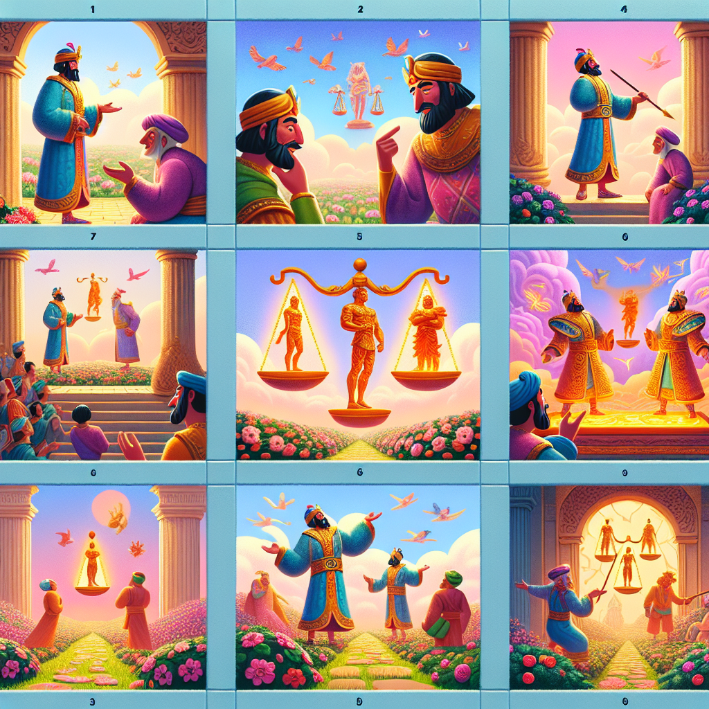 Colorful cartoon storyboard showing 8 key scenes from Birbal's Wisdom on the Moon