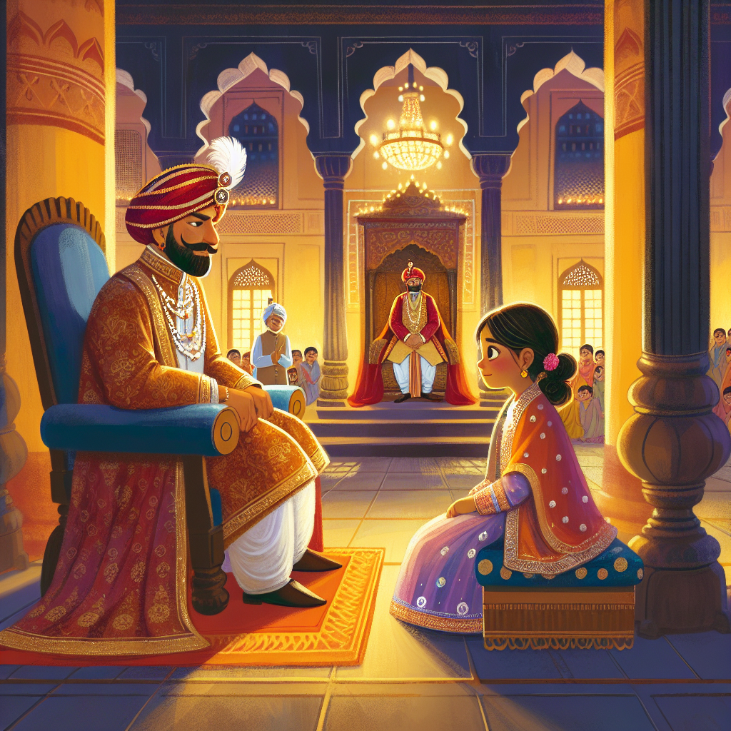 Colorful children's illustration for the story: Birbal's Daughter