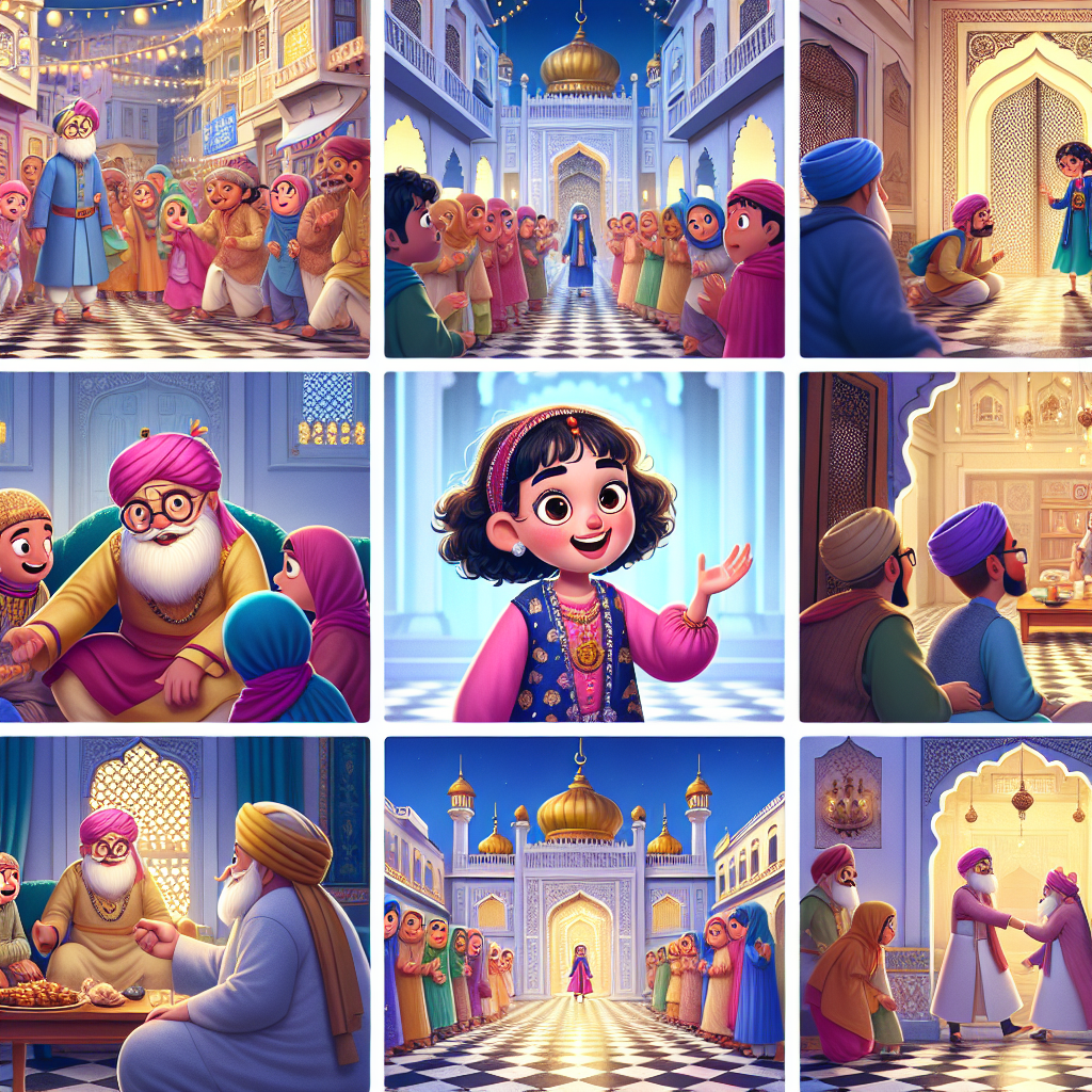 Colorful cartoon storyboard showing 8 key scenes from Birbal's Daughter