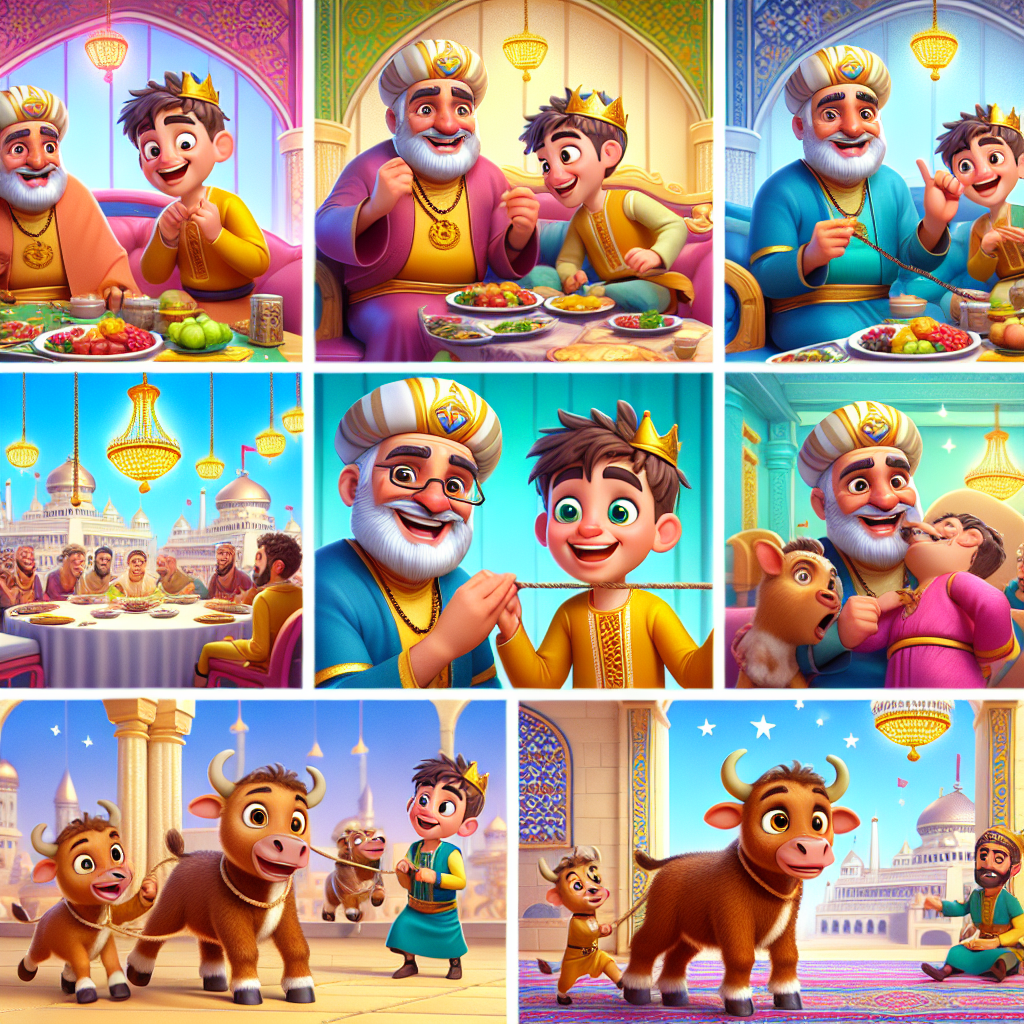 Colorful cartoon storyboard showing 8 key scenes from Birbal's Half-Brother