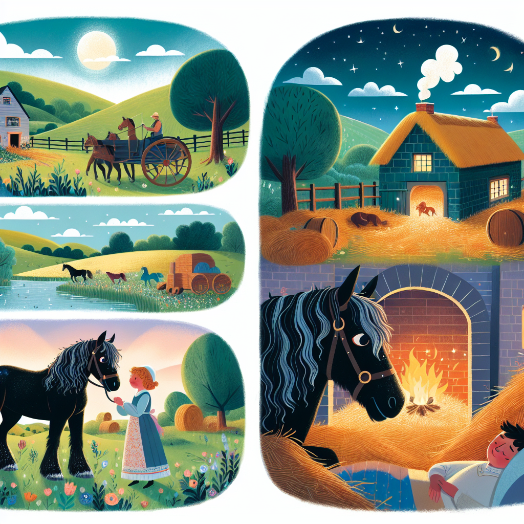 Colorful children's illustration for the story: Black Beauty and the Kindness of Friends