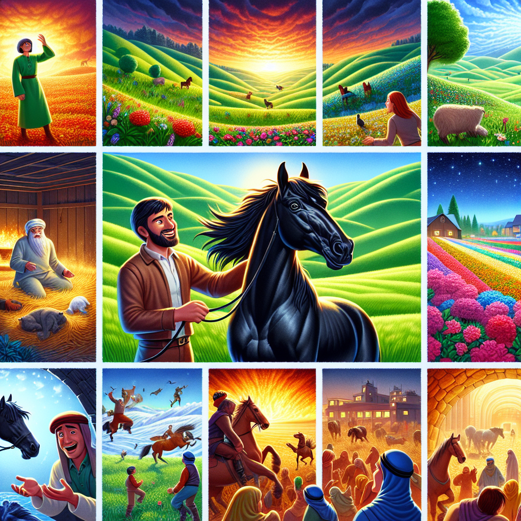 Colorful cartoon storyboard showing 8 key scenes from Black Beauty and the Kindness of Friends