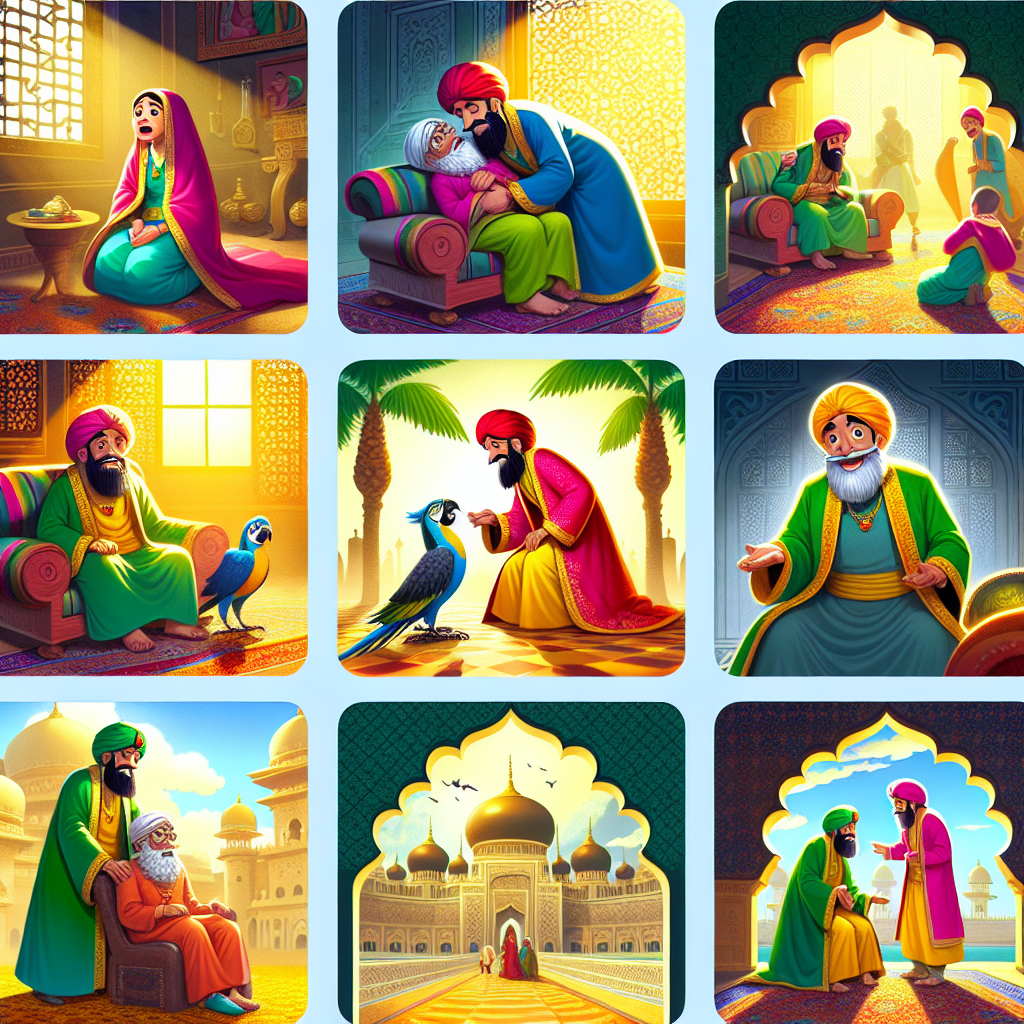 Colorful cartoon storyboard showing 8 key scenes from The Royal Parrot