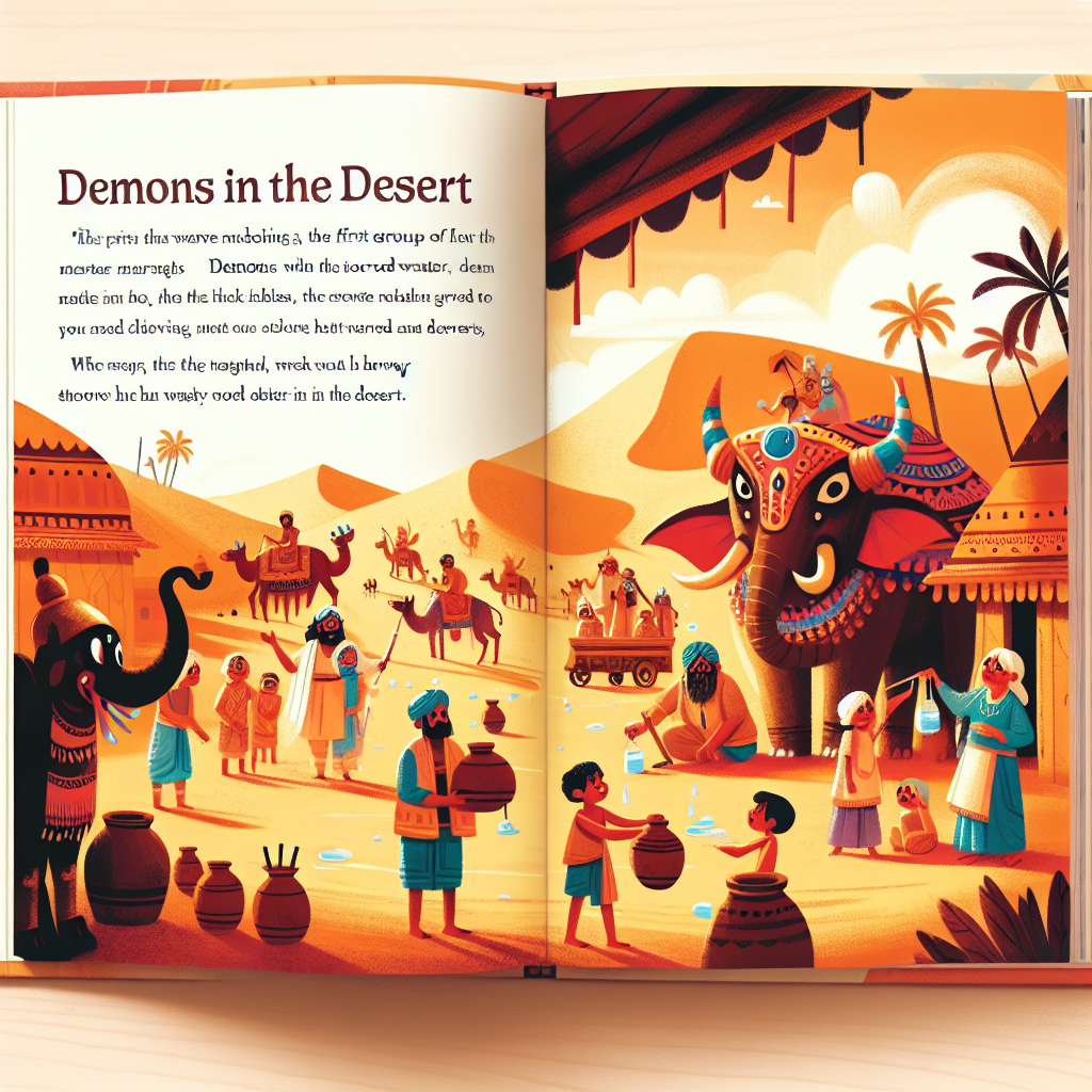 Colorful children's illustration for the story: The Merchant of the Waterless Desert