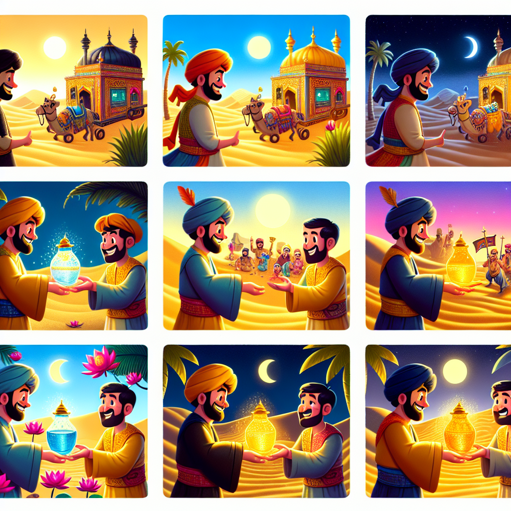 Colorful cartoon storyboard showing 8 key scenes from The Merchant of the Waterless Desert