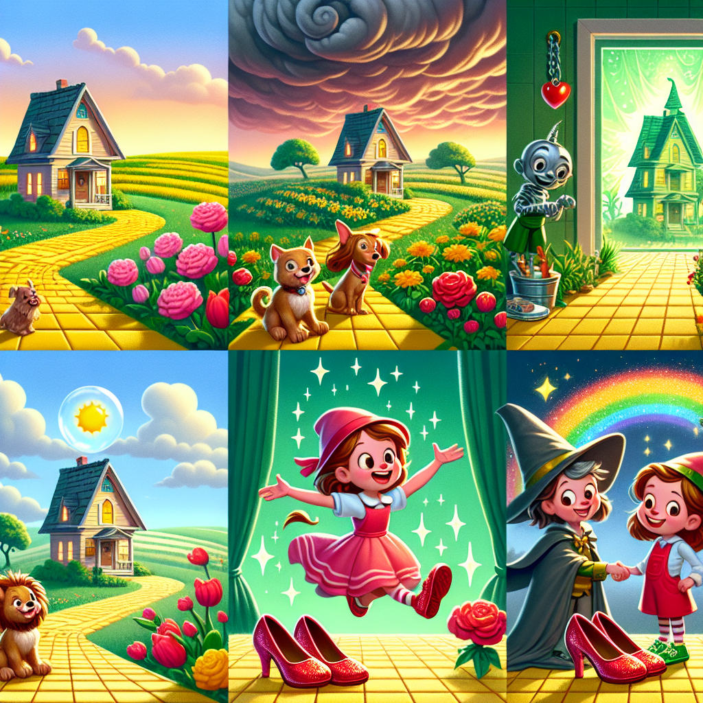 Colorful cartoon storyboard showing 8 key scenes from Dorothy and the Ruby Slippers