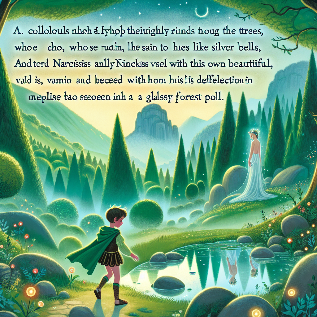 Colorful children's illustration for the story: Echo and Narcissus