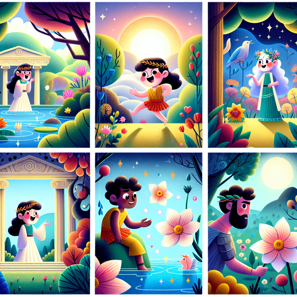 Colorful cartoon storyboard showing 8 key scenes from Echo and Narcissus
