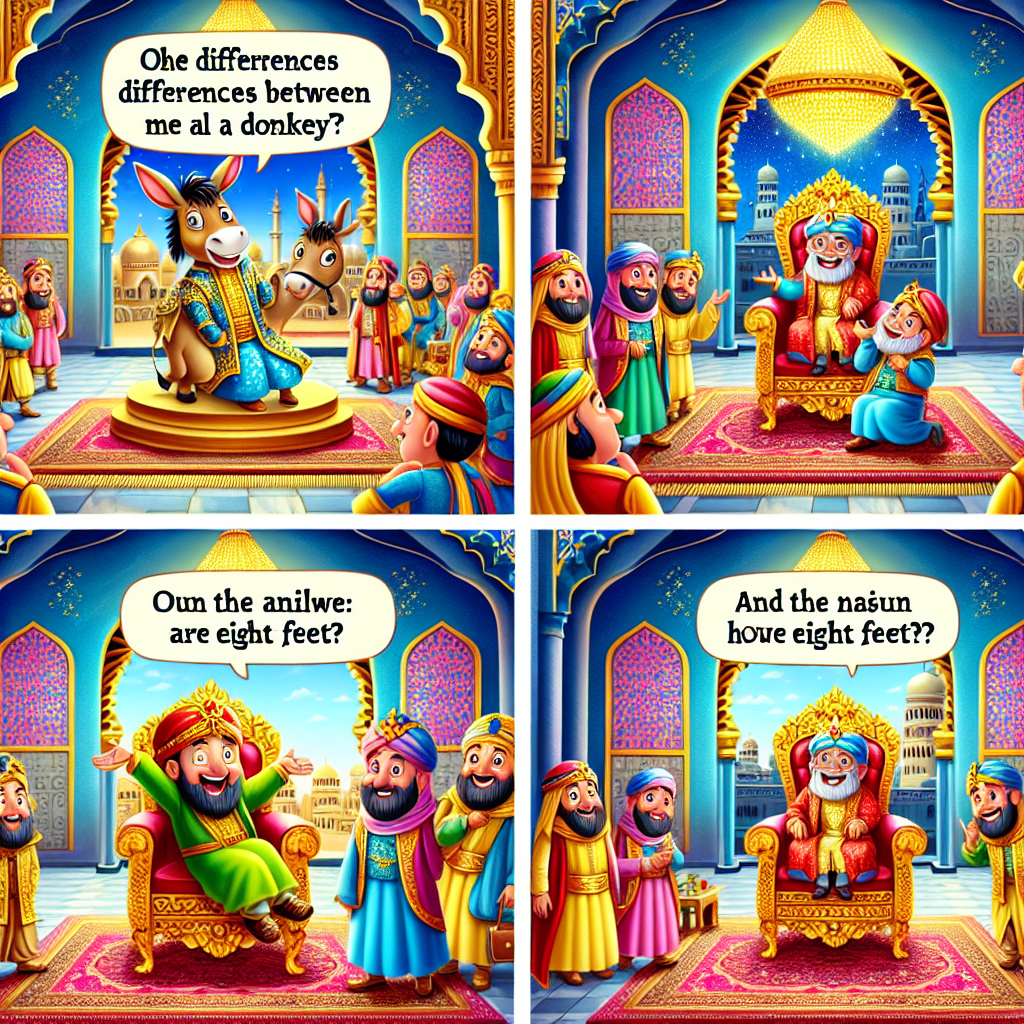 Colorful cartoon storyboard showing 8 key scenes from The Difference Between a Man and a Donkey