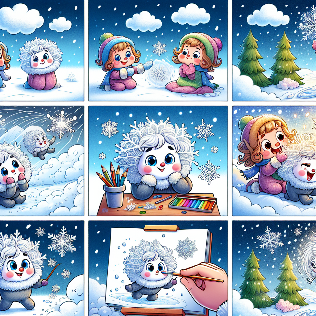 Colorful cartoon storyboard showing 8 key scenes from Every Snowflake Has Its Place