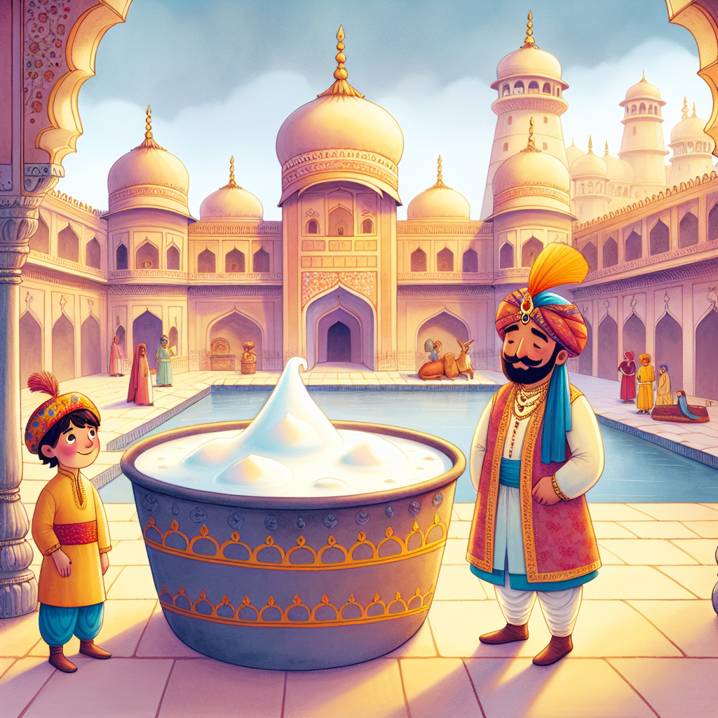 Colorful children's illustration for the story: The Milk Tub and the Fear