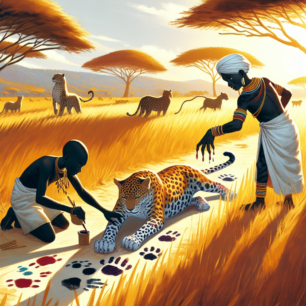 Colorful children's illustration for the story: The Hunter and the Leopard