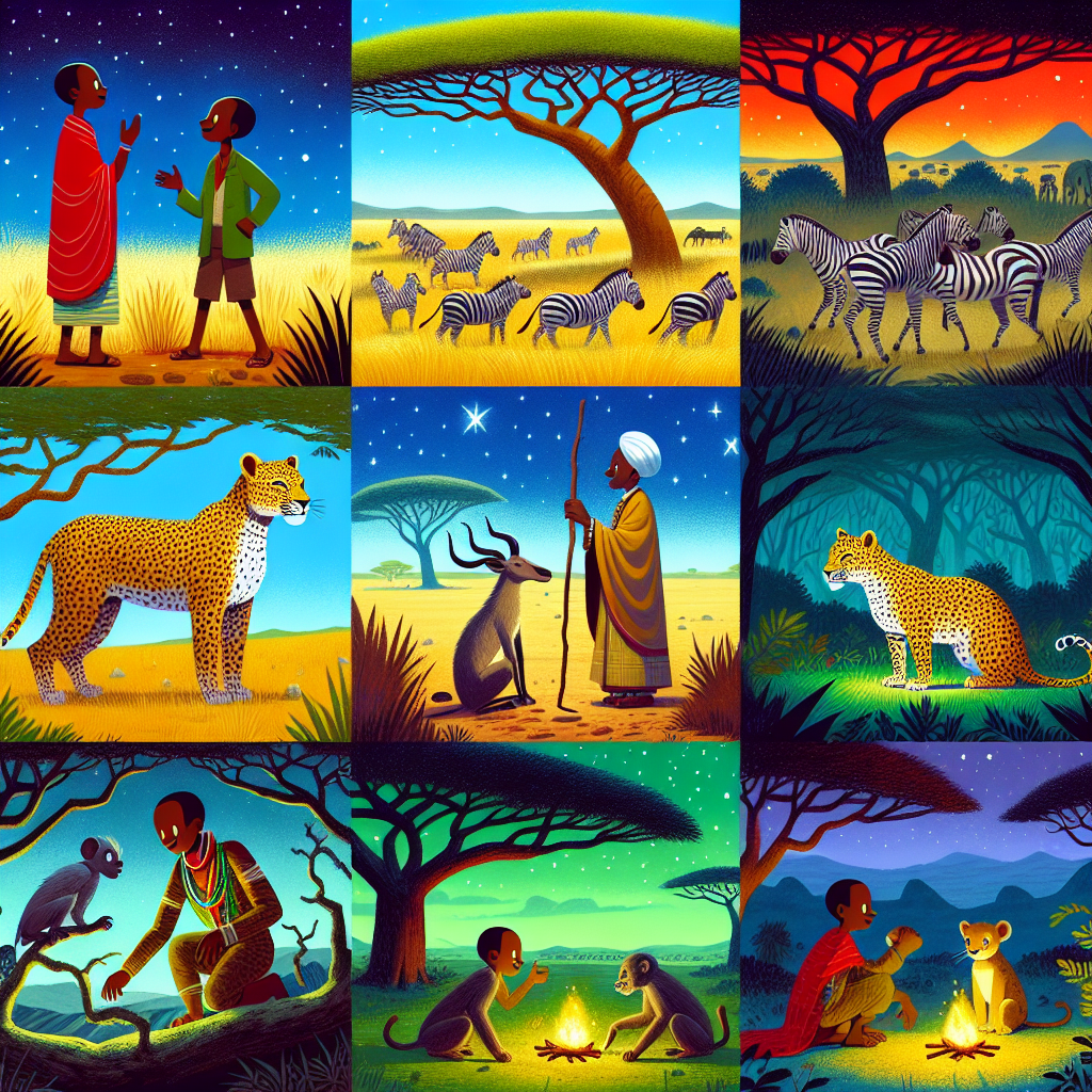 Colorful cartoon storyboard showing 8 key scenes from The Hunter and the Leopard